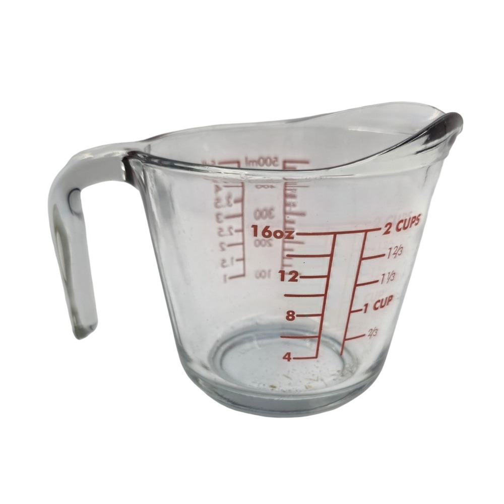 Pyrex 2 Cup Glass Measuring Cup Red Lettering 16oz 500ml Clear USA Made O5